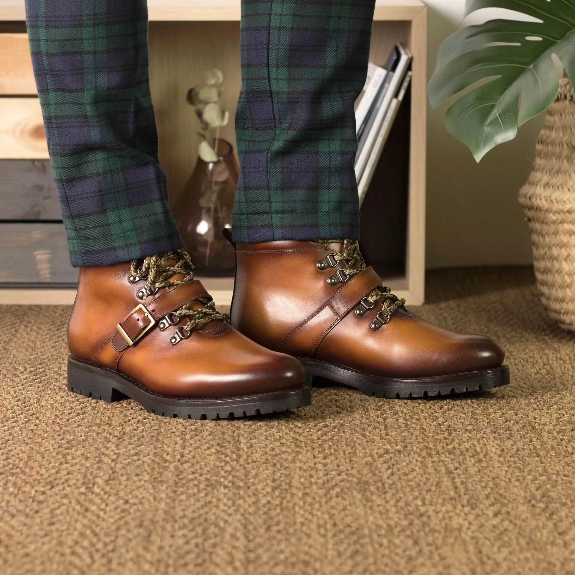 Cognac Calf Leather Hiking Boots