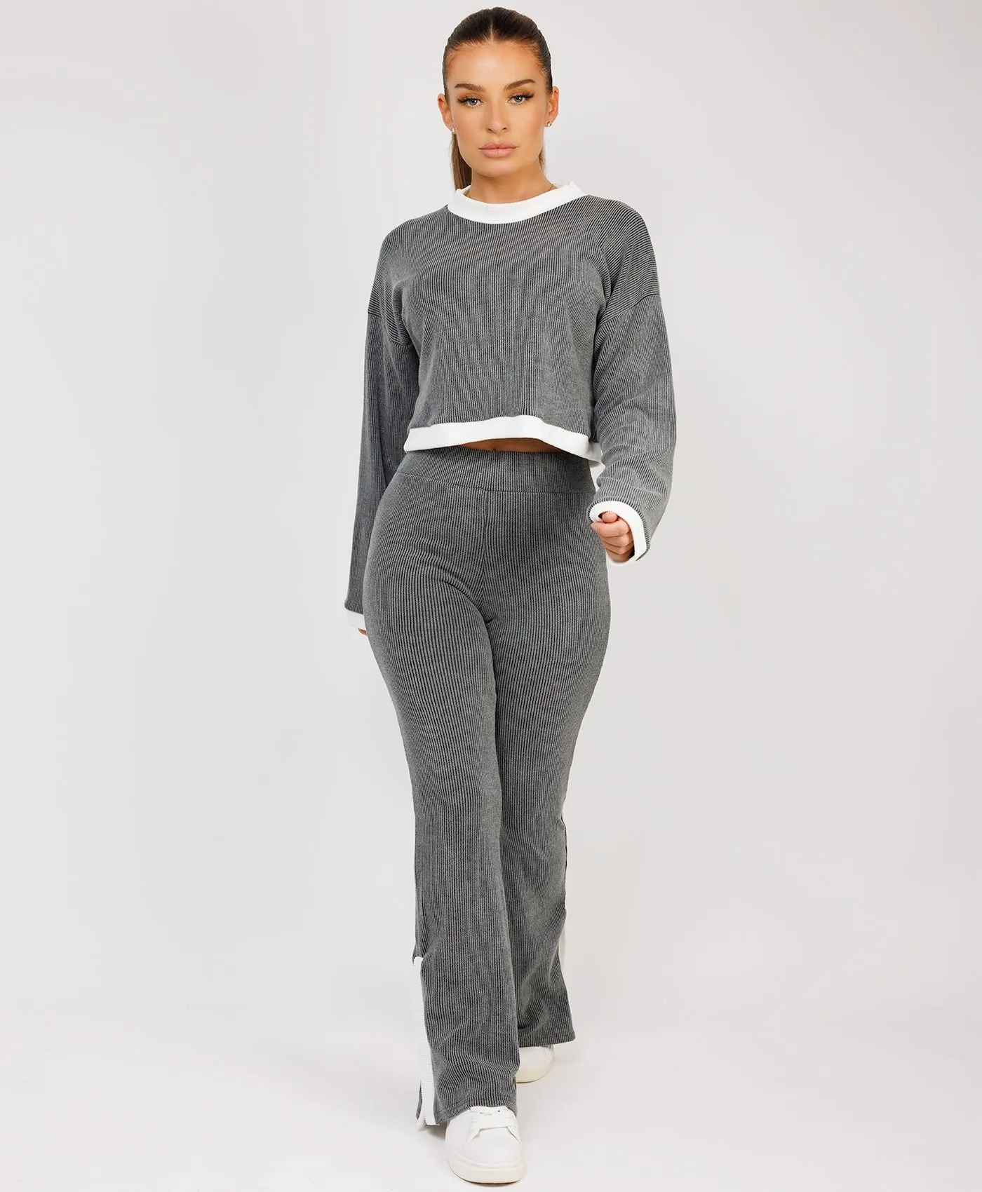 Grey Contrast Stripe Jumper & Split Detail Trousers Loungewear Set