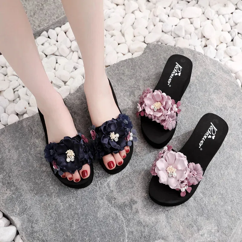 Platform Slippers with Flowers for Women