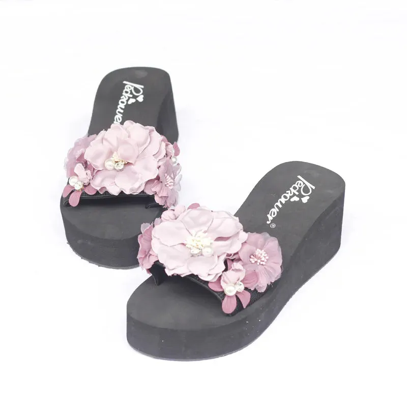 Platform Slippers with Flowers for Women