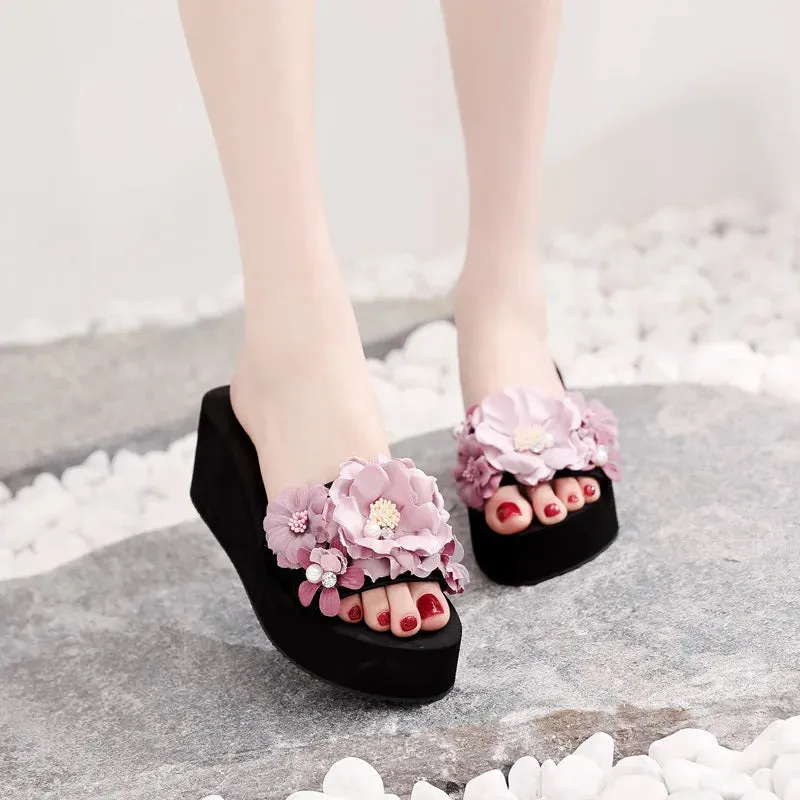 Platform Slippers with Flowers for Women