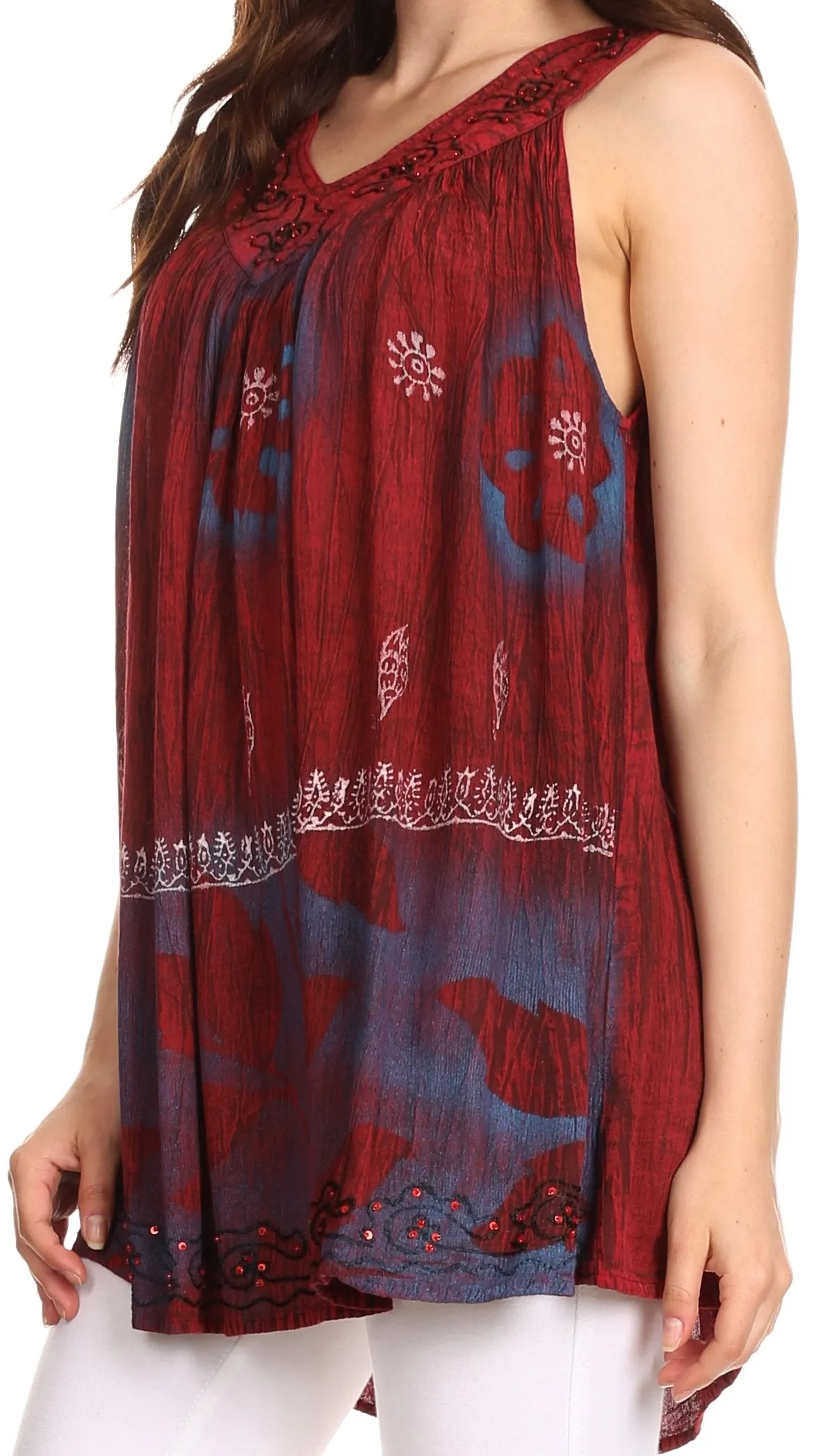 Sakkas Goregianna Long Embroidered Sequin Printed Batik Beaded Tank Top Blouse Top