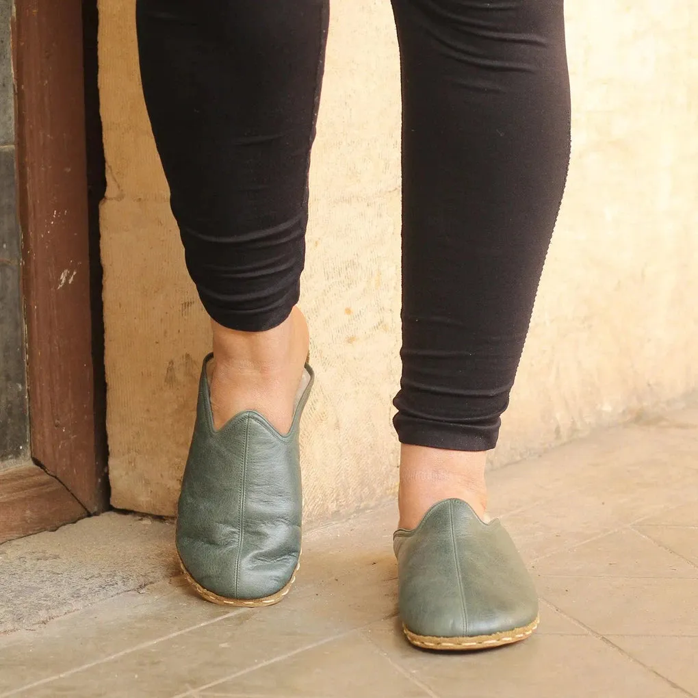 Winter Toledo Green Leather Sheepskin Barefoot Slippers