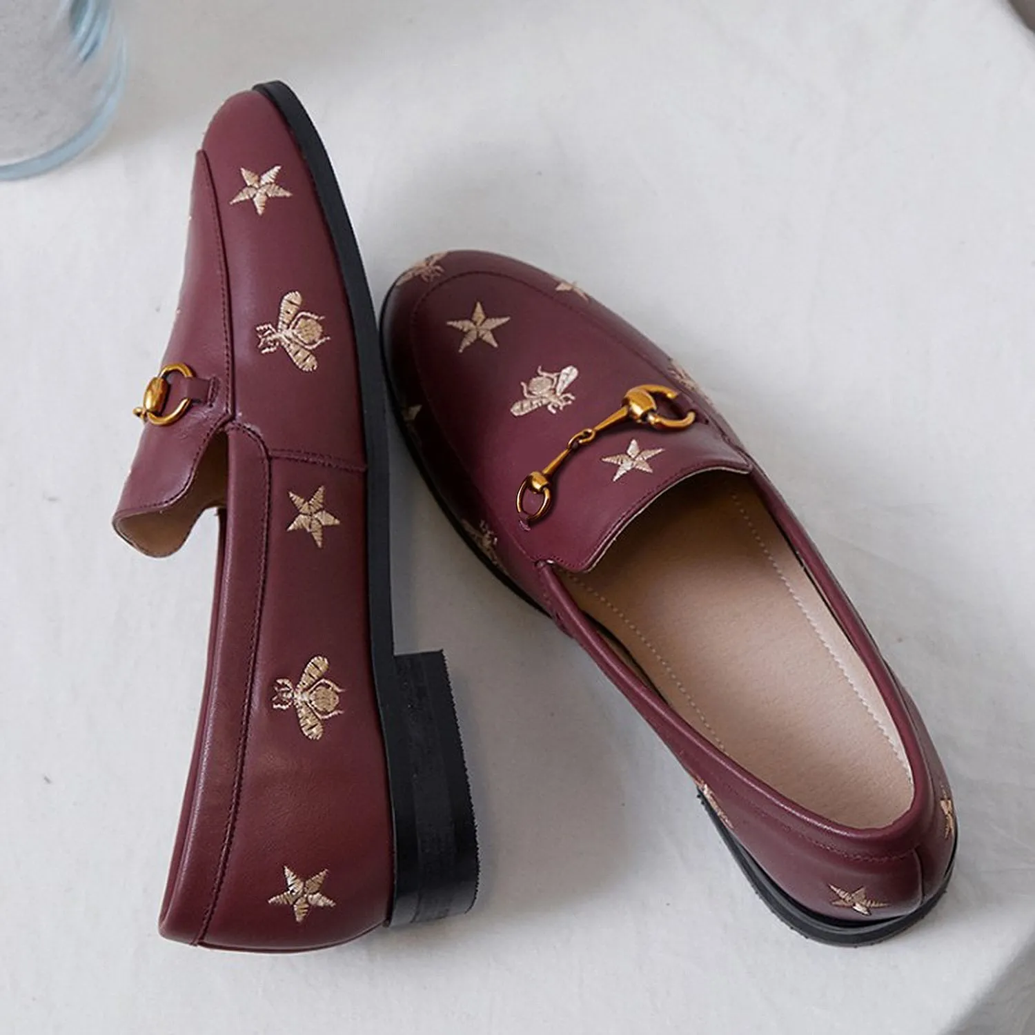 Women Classic Bee and Star Leather Loafers